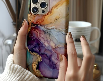 Luxury Sunset Marble iPhone Case | Purple Gold Amber Ink Art | Agate Design | Compatible with iPhone, Samsung Galaxy Tough Case Protection