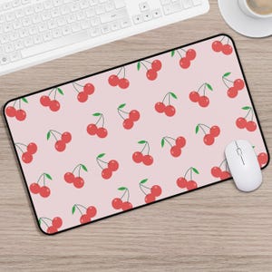 Cute Pink Cherry Mousepad, Red Cherries Gaming Mat, Cute Pink Desk Mat, Large Pink Mouse Pad, Women&#39;s Gaming Mats, Cherry Office Decor