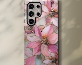 Pink Stained Glass Floral Samsung Case: Elegant Flower Phone Cover