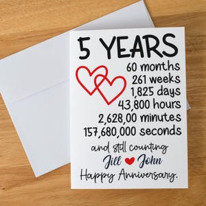 Carte d'anniversaire de 5 ans, cadeau d'anniversaire personnalisé, carte d'étape romantique, voeux d'amour personnalisé, souvenir d'anniversaire, carte de couple
