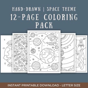 May include: A set of 12 printable coloring pages featuring a space theme. The pages include illustrations of planets, stars, rockets, and other space-related objects.
