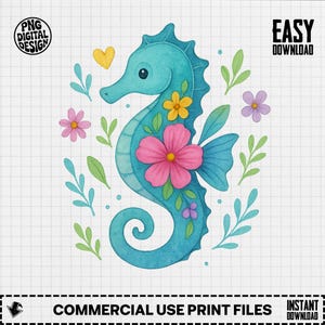 Seahorse Png, Floral Seahorse Clipart, Sea Animal Png, Watercolor Seahorse, Summer Png, Sublimation Png, Digital Download