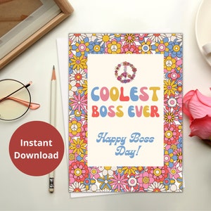 Retro Boss Card, Coolest Boss Ever Card, Groovy Digitale Kaart, Flower Power Card, Hippie Boss Card, Peace Bosses Day Card Digitale Download