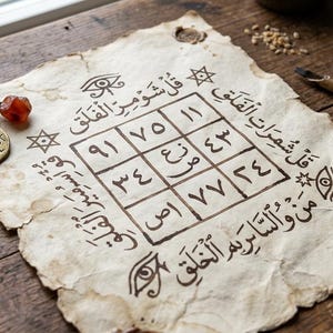 Könnte beinhalten: Ein Stück gealtertes, strukturiertes Pergamentpapier mit einem zentralen Gitter, das arabische Ziffern und Schriftzeichen enthält, umgeben von Augensymbolen und Sternen. Neben dem Papier liegt eine Lederbandkette mit einem runden Metallanhänger.