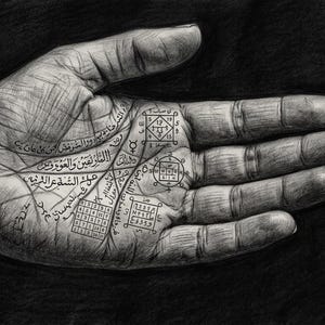 Puede incluir: Un dibujo al carboncillo en blanco y negro de una palma abierta con líneas intrincadas, escritura árabe y varios cuadrados geométricos que contienen números y símbolos. El sombreado detallado resalta la textura de la piel.