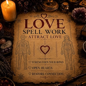 May include: A piece of aged parchment paper featuring the text LOVE SPELL WORK ATTRACT LOVE, STRENGTHEN YOUR BOND, OPEN HEARTS, and RESTORE CONNECTION. The paper displays illustrations of two human figures with markings and a central heart symbol.