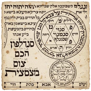 Könnte beinhalten: Ein rechteckiges Stück gealtertes, cremefarbenes Pergamentpapier mit dunkelbraunen Tintenillustrationen und hebräischem Text. Das Design umfasst zwei kreisförmige geometrische Muster mit sechsstrahligen Sternen sowie verschiedene hebräische Schriftzeichen.