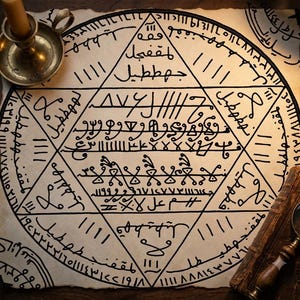 May include: A piece of parchment paper featuring a large black ink hexagram filled with intricate Arabic script, geometric symbols, and vertical tally marks. A brass candle holder with a candle and a magnifying glass are placed at the corners.