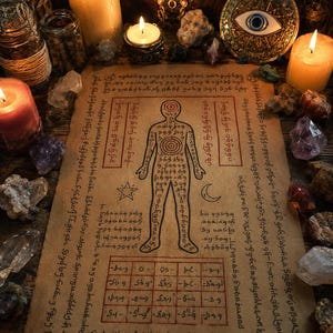 Puede incluir: Un pergamino rectangular que presenta un diagrama central de una silueta humana con círculos concéntricos, una cuadrícula de números, una estrella, una luna creciente y texto circundante en escritura arcaica, iluminado por varias velas encendidas.