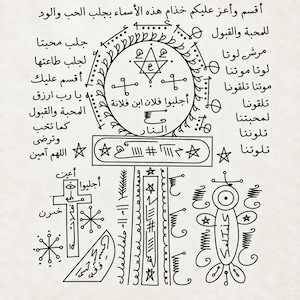 Peut inclure: Un dessin au trait noir et blanc sur fond clair présentant un emblème circulaire central avec une étoile à six branches, entouré de divers textes arabes, symboles géométriques, une croix avec un œil et une figure anthropomorphe stylisée.