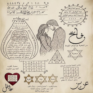 Op de afbeelding: Een beige print in perkamentstijl met een centrale illustratie in zwarte inkt van een omhelzend koppel, omringd door diverse geometrische vormen, rasters met Arabische cijfers en letters, en uitgebreide Arabische kalligrafische teksten.