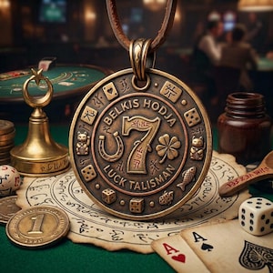 Puede incluir: Un colgante redondo de tono bronce en un cordón de cuero que presenta el número 7, una herradura, un trébol de cuatro hojas y el texto BELKIS HODJA LUCK TALISMAN. La superficie está grabada con símbolos que incluyen dados, cartas y gatos.