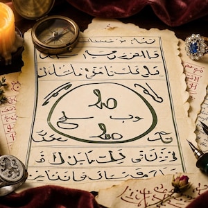 Op de afbeelding: Een stuk verouderd perkamentpapier met zwarte inktcalligrafie en een centraal cirkelvormig ontwerp. De scène bevat een brandende gele kaars, een koperen kompas, twee metalen ringen en twee vulpennen op een donkerrode fluwelen stof.