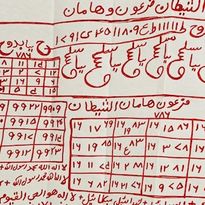 May include: A white paper document featuring hand-drawn red ink text and grids containing Arabic numerals and Arabic script. The layout includes multiple rectangular tables filled with numbers, alongside repetitive calligraphic symbols and phrases.