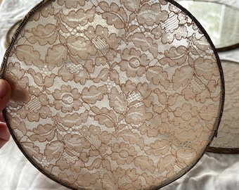 Set of four glass and lace place mats/ cake stands