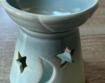 Stars and Moon Tealight Oil Warmer, Blue Ceramic Incense Dish