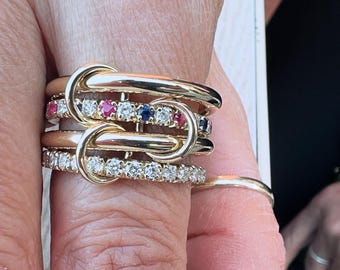 14k Solid Gold(Not Hollow) Multi-Link Stacking Rings Set Diamond & Gemstone Connecting Ring
