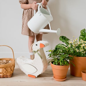 May include: A white ceramic watering can with a long spout, a white cardboard goose piñata, a brown wicker basket with straw, and three terracotta pots with green plants and white flowers.