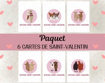 Paquet de 6, Cartes de Saint-Valentin, Carte animaux, Carte de souhait, Cadeau de Saint Valentin, Amour, Original, Animal, Téléchargement numérique.