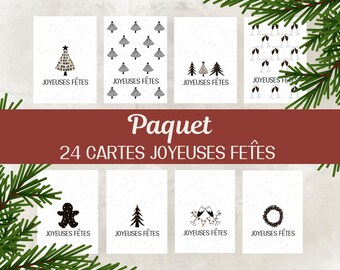 Paquet de 24, Cartes de Noël, Carte de fêtes, Carte de souhait, Hiver, Cadeau de Noël, Bonne année, Original, Digital Download.