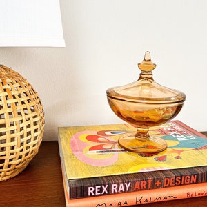 Vintage Amber Glass Compote Candy Dish, Footed Glass Bowl with Lid, Cambridge Glass circa 1920s