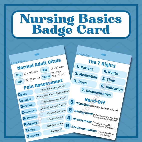 Nursing Basics Badge Card for Nurses and Students blue Printable Copy  digital Vitals, SBAR, Assessment 