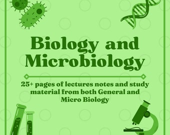 Könnte beinhalten: Grüne und weiße Illustration eines Mikroskops, Reagenzgläser, Bakterien und DNA-Stränge auf einem hellgrünen Hintergrund mit weißen Punkten. Der Text "Biologie und Mikrobiologie" ist in fetten grünen Buchstaben. Der Text "25+ Seiten mit Vorlesungsnotizen und Lernmaterial aus sowohl der allgemeinen Biologie als auch der Mikrobiologie" ist in kleineren grünen Buchstaben.