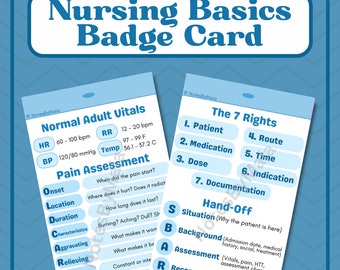 Nursing Basics Badge Card for Nurses and Students (Multiple Color Options) - Vitals, SBAR, Assessment