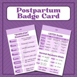 Tarjeta de identificación de madre y bebé posparto para enfermeras y estudiantes (morado) - Copia imprimible (digital) - BUBBLESH, LATCH, Vitals