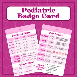 Tarjeta de identificación pediátrica para enfermeras y estudiantes (rosa) - Copia imprimible (digital) - Signos vitales, escalas de dolor, conversiones e ingesta de líquidos