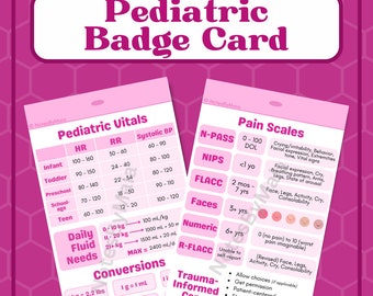 Cartão de Identificação Pediátrica para Enfermeiros e Estudantes (Rosa) - Versão para Impressão (Digital) - Sinais Vitais, Escalas de Dor, Conversões e Ingestão de Líquidos