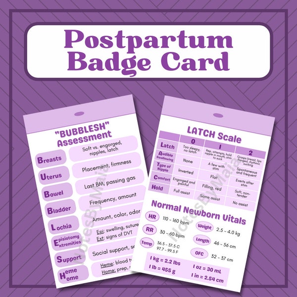 Postpartum Mother-Baby Badge Card for Nurses and Students (Multiple Color Options!) - BUBBLESH, LATCH, Vitals