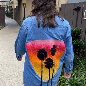 Chain stitch embroidered vintage Carhartt denim work shirt - palm trees, sunset, and mudcloth patching