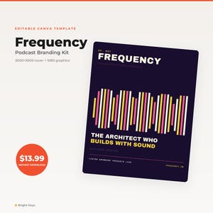 Könnte beinhalten: Eine bearbeitbare Canva-Vorlage für ein Podcast-Branding-Kit mit dem Titel Frequency. Das Design zeigt ein dunkelviolettes rechteckiges Cover mit einer vertikalen Schallwellengrafik in Pink, Gelb und Weiß sowie Text, darunter The Architect Who Builds With Sound.