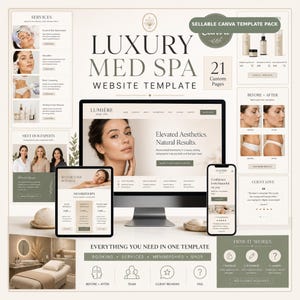 May include: A digital marketing kit for a luxury med spa website template featuring 21 custom pages. The display shows a desktop monitor, a tablet, and a smartphone screen showcasing a neutral-toned interface with text, photography, and icons.