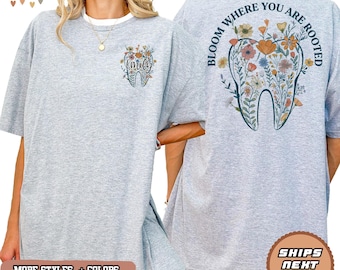 Camiseta con estampado floral de dientes, camiseta retro de dentista, regalo dental personalizado, arte dental