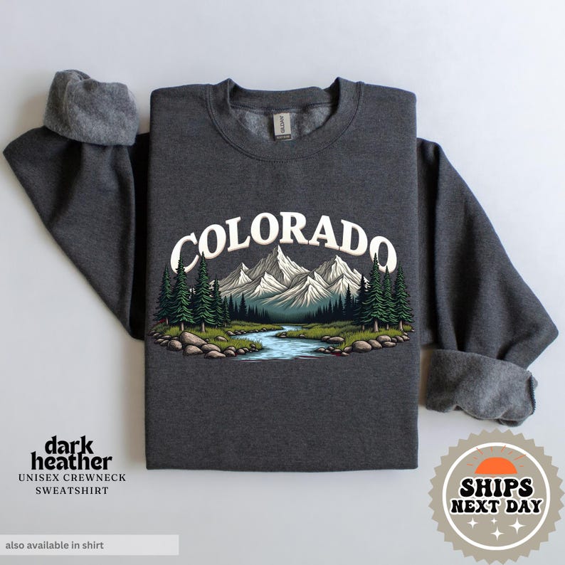 a dark colored shirt with a mountain scene on it