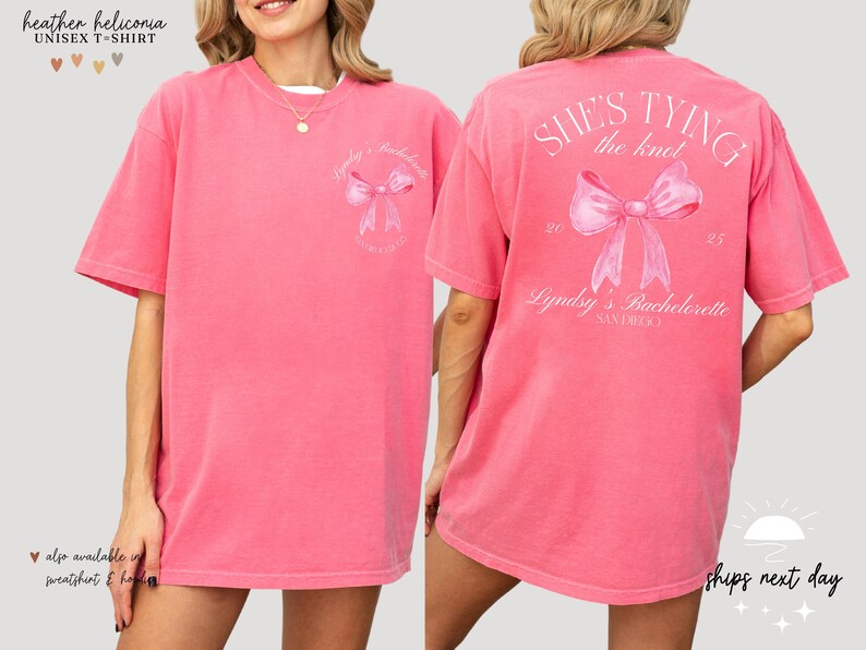 a woman wearing a pink shirt with a pink bow on it