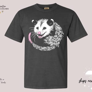 Puede incluir: Camiseta gris oscuro con una ilustraci&oacute;n de zarig&uuml;eya blanca, nariz y cola rosas. El texto "COMFORT COLORS" est&aacute; encima de la camiseta. Tambi&eacute;n disponible en sudadera y sudadera con capucha. El texto "ships next day" tambi&eacute;n es visible.