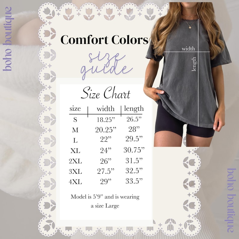 May include: A Comfort Colors size guide chart for a t-shirt, displaying width and length measurements in inches for sizes S through 4XL. The chart includes a visual diagram of a charcoal gray t-shirt with width and length lines indicated.