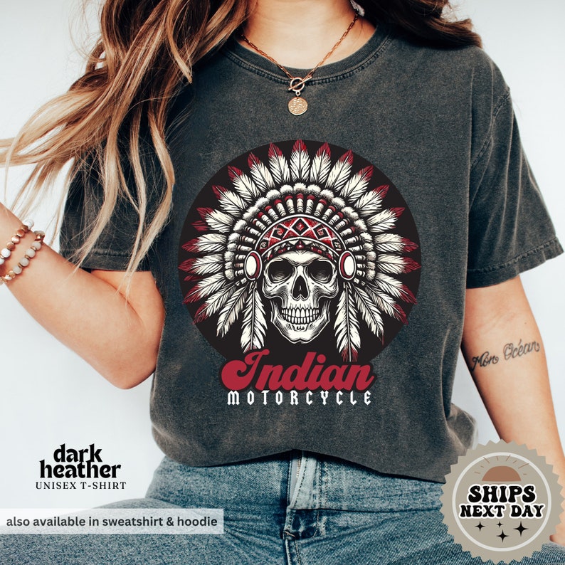 a woman wearing a indian motorcycle t - shirt