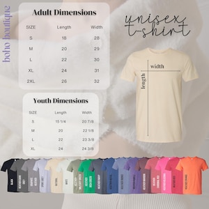 May include: A cream-colored unisex t-shirt displayed with a size chart for adult and youth dimensions in inches. The chart lists sizes S through 2XL for adults and S through XL for youth, alongside a color palette of twenty-two different shirt options.