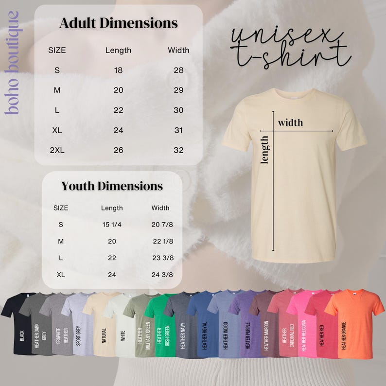 May include: A cream-colored unisex t-shirt displayed with a size chart for adult and youth dimensions in inches. The chart lists sizes S through 2XL for adults and S through XL for youth, alongside a color palette of twenty-two different shirt options.