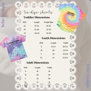 May include: A size chart for tie-dye shirts from Boho Boutique featuring two t-shirts: one with a rainbow spiral pattern labeled eternity and one with a pink, purple, and blue pattern labeled cotton candy, including toddler, youth, and adult dimensions.