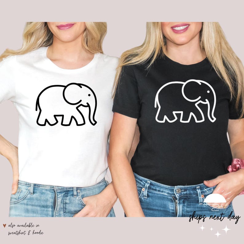 May include: Two t-shirts with a simple line drawing of an elephant. One t-shirt is white with a black elephant, and the other is black with a white elephant.