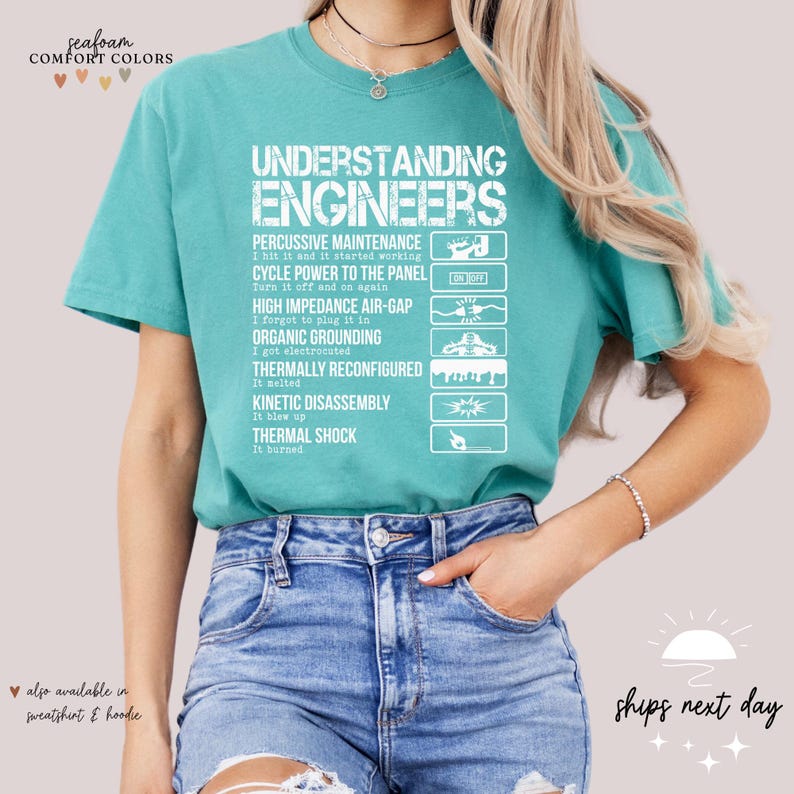 May include: A turquoise blue t-shirt with a white graphic that says "Understanding Engineers" and lists different types of maintenance with humorous descriptions. The text includes "Percussive Maintenance", "Cycle Power to the Panel", "High Impedance Air-Gap", "Organic Grounding", "Thermally Reconfigured", "Kinetic Disassembly", and "Thermal Shock".