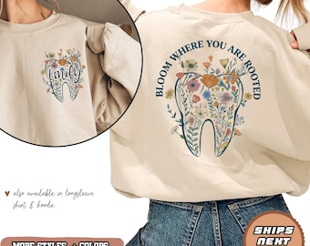 Custom Floral Tooth Sweatshirt, Retro Dentist Hoodie, Dental Hygienist Sweater