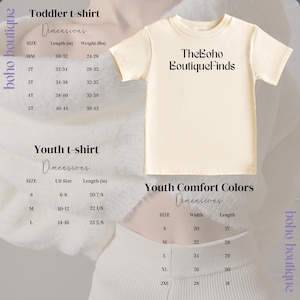 May include: A cream-colored short-sleeve t-shirt with the black text TheBoho BoutiqueFinds printed on the front. The image includes size charts for toddler and youth t-shirts, listing lengths in inches and weights in pounds for various sizes.