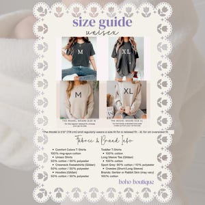 May include: A size guide for unisex apparel featuring four photographs of models wearing t-shirts and sweatshirts in sizes M and XL. The text includes fabric and brand information for Comfort Colors, Gildan, Gerber, and Rabbit Skin items, noting the model is 5'10" tall.