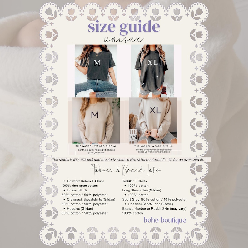 May include: A size guide for unisex apparel featuring four photographs of models wearing t-shirts and sweatshirts in sizes M and XL. The text includes fabric and brand information for Comfort Colors, Gildan, Gerber, and Rabbit Skin items, noting the model is 5'10" tall.